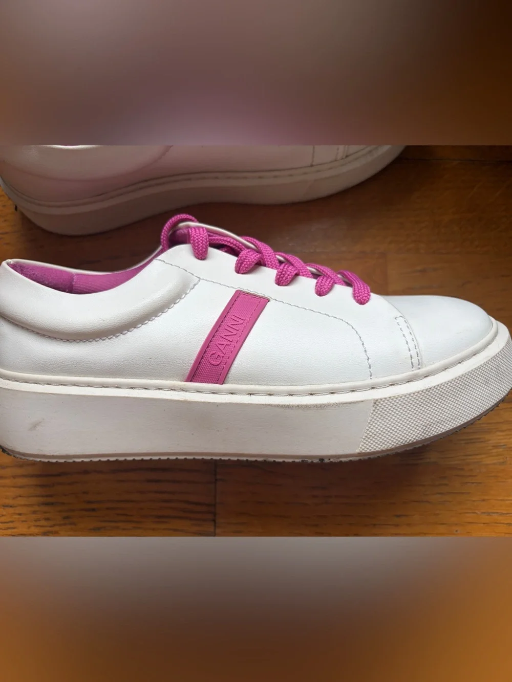 Ganni White Sneakers with Pink Laces Size 8